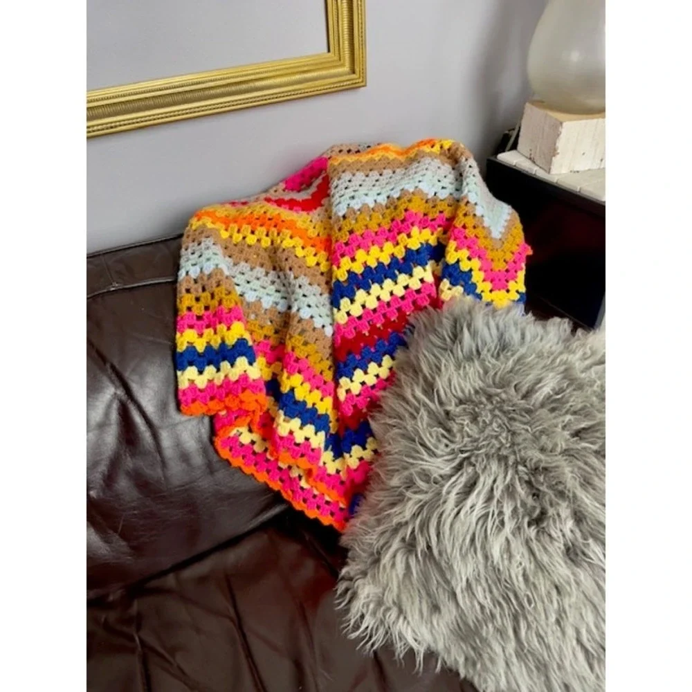 Boho Hand Crocheted Granny Square Afghan Throw Blanket 68